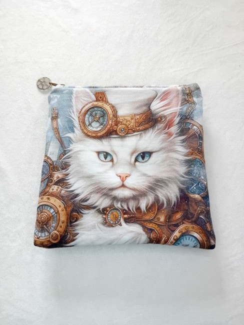 Trousse Chat Steampunk en coton imprimé avec fermeture zippée – Les Cabas en folie