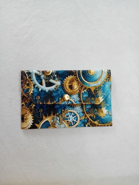 Pochette Steampunk bleue et dorée aux motifs de rouages