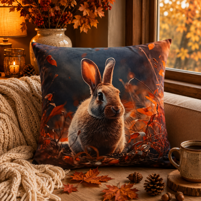 Housse de coussin lapin dans un salon ambiance chalet cocooning