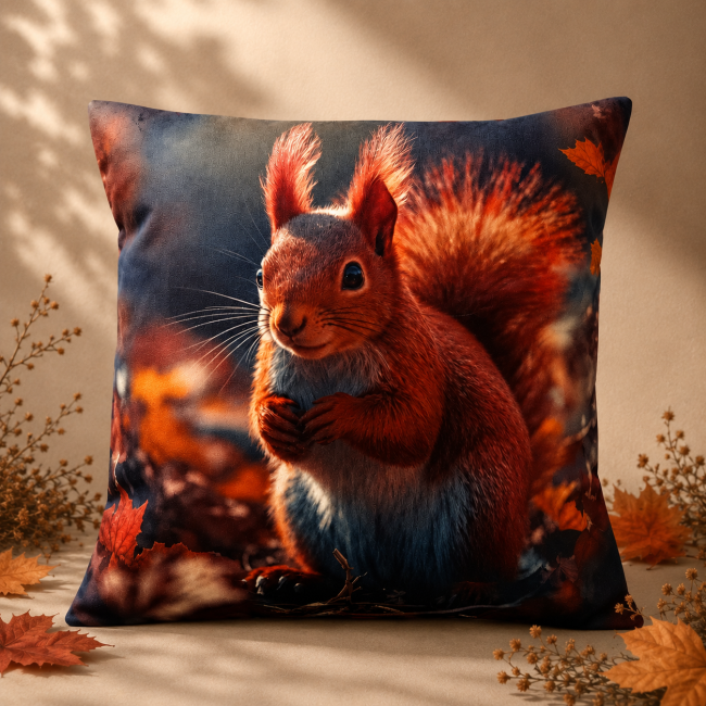 Housse de coussin Écureuil en forêt automnale en velours 45×45 | Les Cabas en folie Housse de coussin Écureuil en forêt automnale en velours imprimé 45 × 45 cm