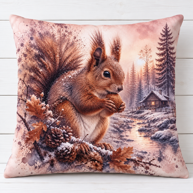 Housse de coussin Écureuil et Chalet en hiver en velours 45x45 cm, motif écureuil roux dans une forêt enneigée.