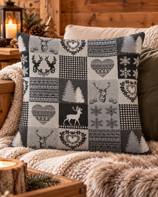 Housse de coussin Patchwork Montagne en jacquard 45x45 cm | Déco Chalet Housse de coussin Patchwork Montagne en jacquard gris et écru sur un canapé dans une ambiance chalet.