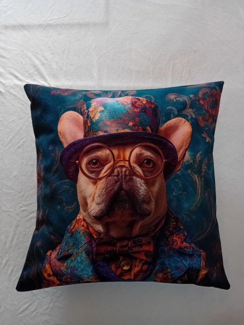 Housse de coussin en velours motif animaux bouledogue en costume faite main