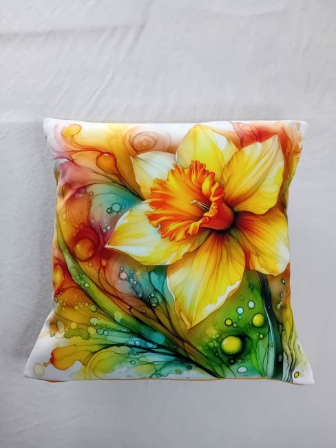 Housse de coussin jonquille aquarelle Housse de coussin fait main 45x45 cm, modèle unique et original en velours imprimé et tissu uni, fermeture portefeuille, de fabrication française