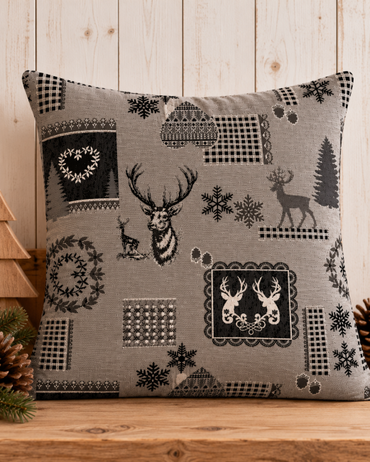 Housse de coussin montagne cerf et flocons gris 45x45 | Déco Chalet Housse de coussin montagne cerf et flocons gris en jacquard 45x45 cm