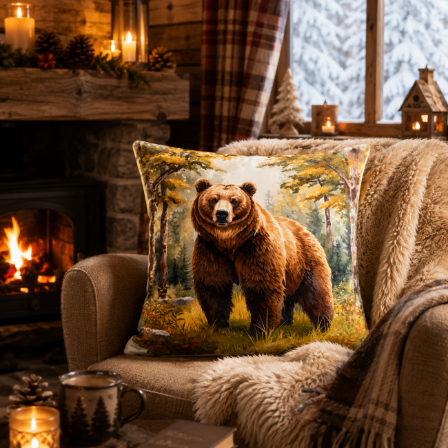 Housse de coussin ours aquarelle en velours imprimé 45x45 cm
