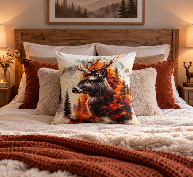 Coussin Cerf en Velours 45x45 | Déco Montagne & Chalet Vosges Housse de coussin Cerf en forêt en velours 45x45 cm, mise en scène sur un lit dans une décoration chalet chaleureuse