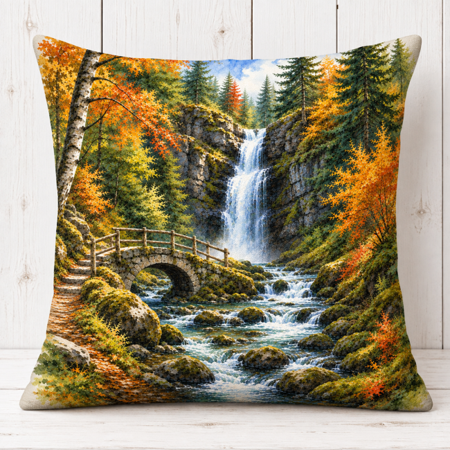 Housse de coussin velours Cascade sapins 45x45 cm | Déco chalet Vosges Housse de coussin velours imprimé Cascade au cœur des sapins 45x45 cm confectionnée à Gérardmer