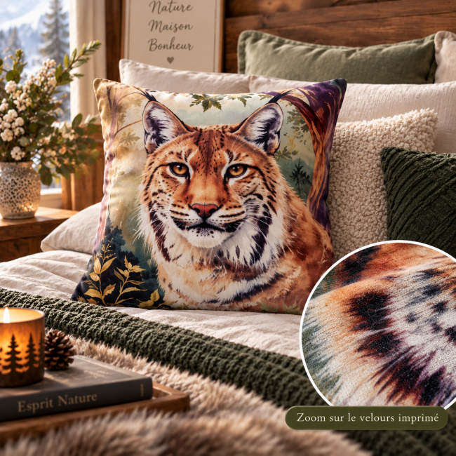 Zoom sur le velours imprimé de la housse de coussin Lynx 45x45 cm