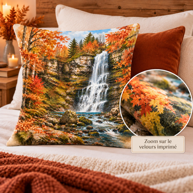 Housse de coussin velours Cascade automne 45x45 cm | Déco chalet Zoom sur le velours imprimé de la housse de coussin Cascade en automne