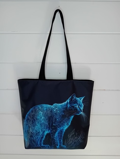 Sac cabas Rêverie Bleue avec chat bleu lumineux sur fond noir, confection artisanale dans les Vosges