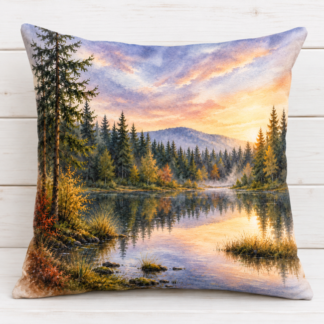Housse de coussin velours Lac montagne sapins 45x45 cm | Déco chalet Housse de coussin velours imprimé Lac de montagne dans les sapins 45x45 cm confectionnée à Gérardmer