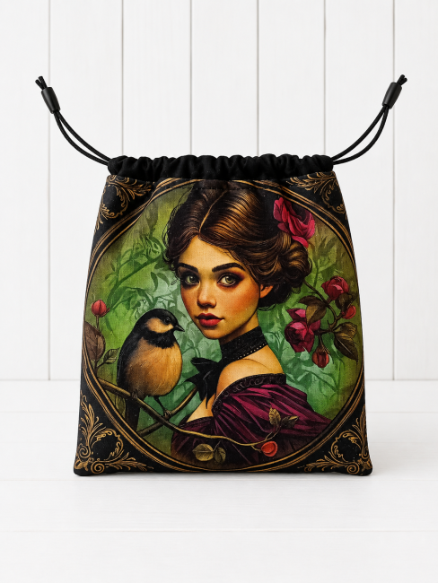 Pochon multi-usage, motif femme et oiseau – Création artisanale à Gérardmer | Les Cabas en folie Pochon multi-usage motif femme et oiseau, modèle unique confectionné à Gérardmer