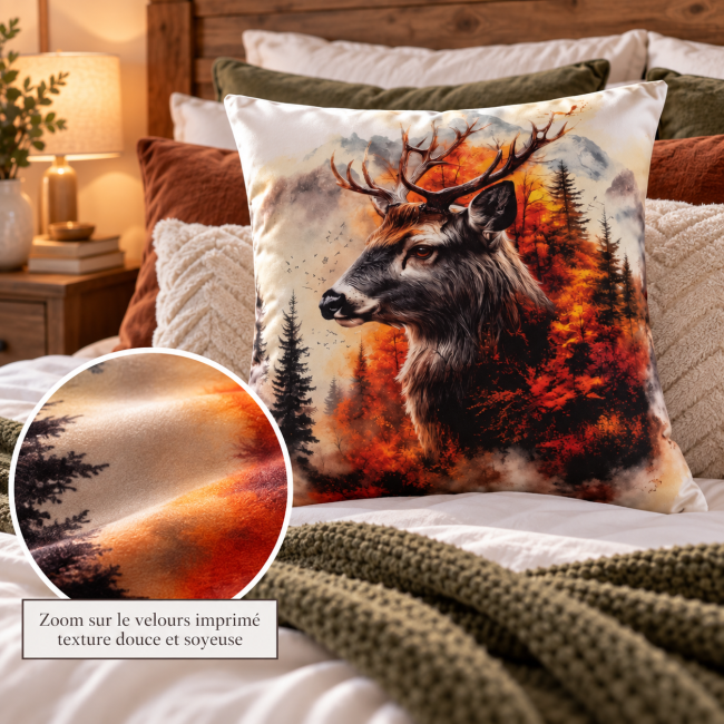 Coussin Cerf en Velours 45x45 | Déco Montagne & Chalet Vosges Zoom sur le velours imprimé de la housse de coussin Cerf en forêt 45x45 cm