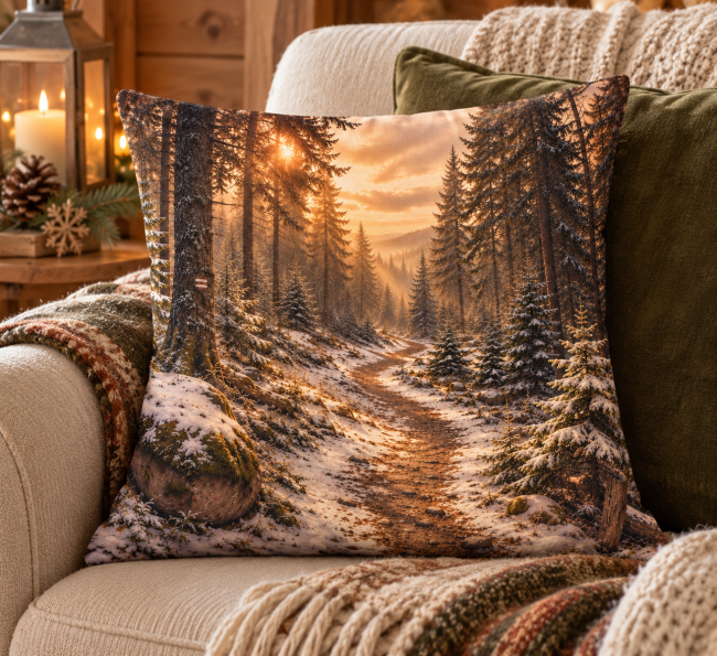Housse de coussin Sentier enneigé en montagne 45x45 cm | Déco Montagne Housse de coussin Sentier enneigé en montagne dans une décoration montagne chaleureuse