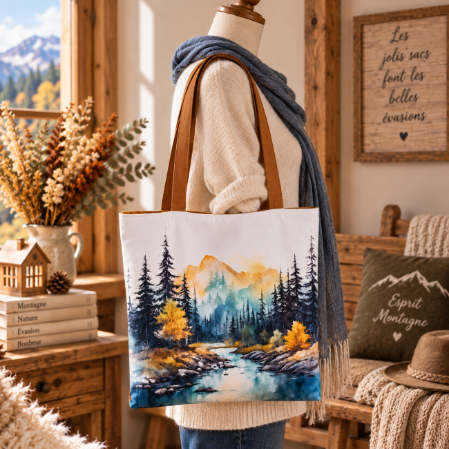 Tote bag Évasion montagne porté sur un mannequin