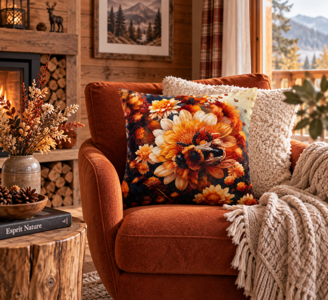 Housse de Coussin Abeille Velours 45x45 | Déco Chalet Vosges Housse de coussin Abeille 2.0 en velours 45x45 cm, mise en scène sur un fauteuil dans une décoration chalet esprit cocooning