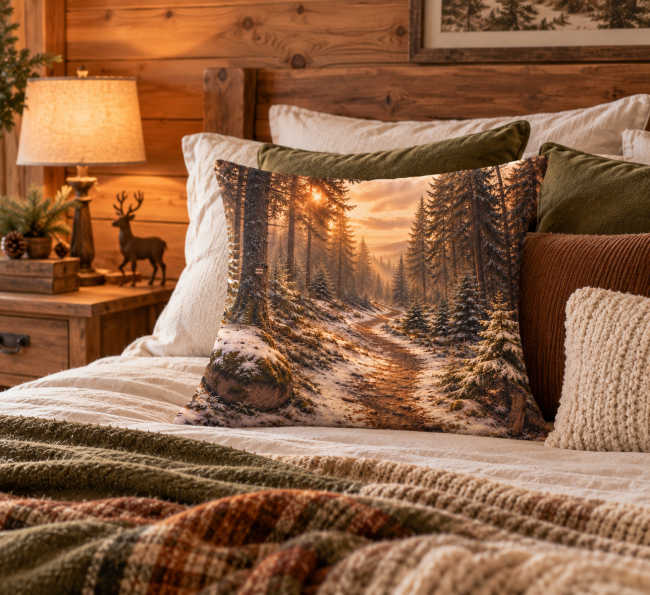 Housse de coussin Sentier enneigé en montagne 45x45 cm | Déco Montagne Housse de coussin Sentier enneigé en montagne sur un lit dans une ambiance cocooning