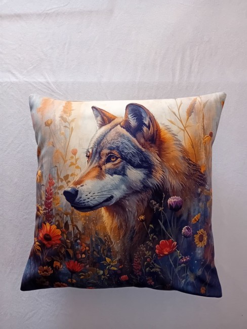Housse de coussin portrait de loup en velours imprimé 45x45 cm