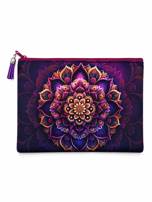 Trousse Mandala violet en polyester imperméable avec fermeture zippée et pompon en suédine – Les Cabas en folie