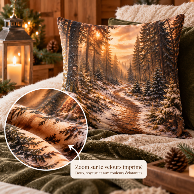 Housse de coussin Sentier enneigé en montagne 45x45 cm | Déco Montagne Zoom sur le velours imprimé doux de la housse de coussin Sentier enneigé en montagne