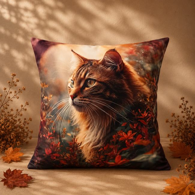 Housse Coussin Chat Velours 45x45 | Motifs Animaux Vosges Housse de coussin animaux chat et foret dans un salon chaleureux et cocooning