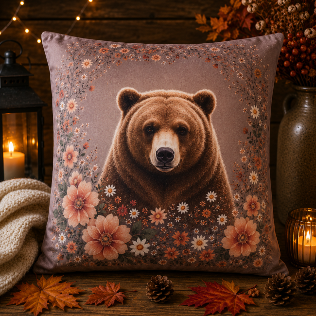 Housse Coussin Ours Velours 45x45 | Motifs Animaux Vosges | Les Cabas en folie Housse de coussin animaux ours et fleurs dans un salon chaleureux et cocooning