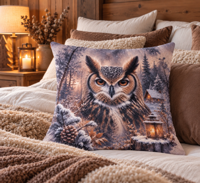Housse de coussin Hibou des neiges en velours imprimé 45x45cm / Déco Montagne Housse de coussin Hibou des neiges en velours imprimé 45x45cm pour une décoration de chambre esprit chalet montagne.