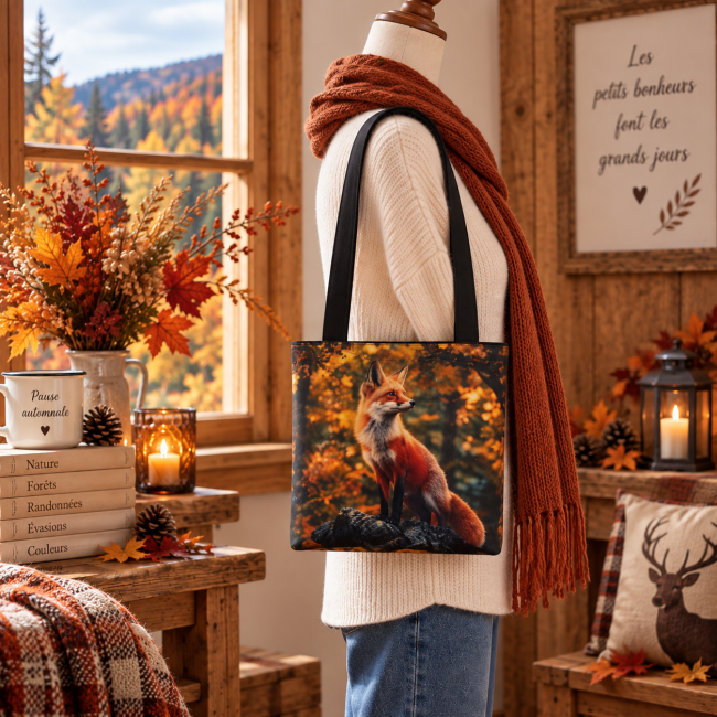 Tote bag Renard en forêt porté par un mannequin