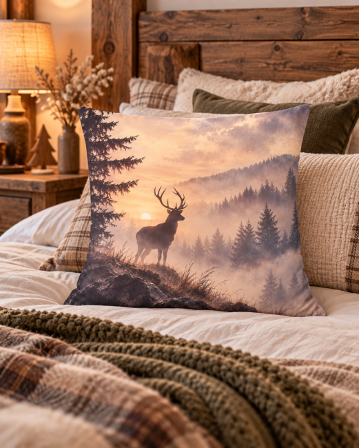 Housse de coussin Cerf dans la brume en velours sur un lit dans une décoration montagne chalet
