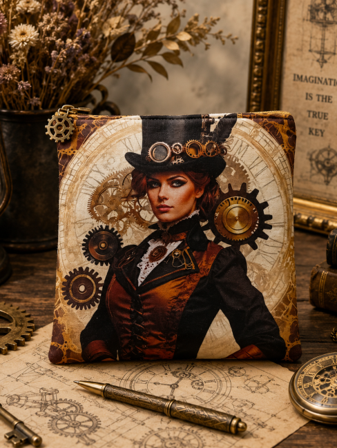 Trousse artisanale Femme Steampunk aux rouages avec femme au chapeau et engrenages