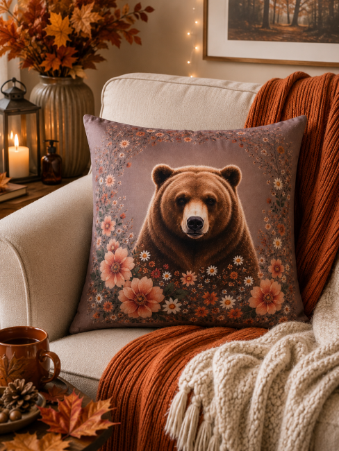 Housse Coussin Ours Velours 45x45 | Motifs Animaux Vosges Housse de coussin animaux ours et fleurs dans un salon chaleureux et cocooning