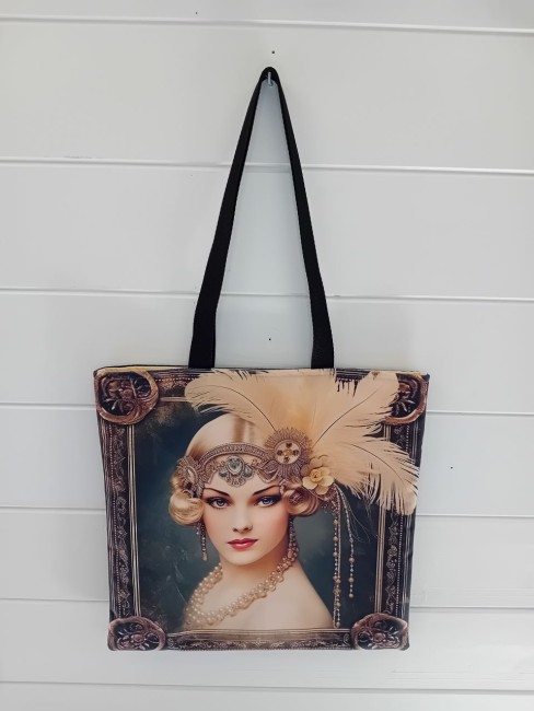 Tote bag Femme Art déco en velours imprimé avec suédine noire et anses noires – Les Cabas en folie