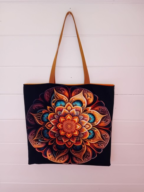 Tote bag mandala en velours imprimé avec suédine or et anses brun doré – Les Cabas en folie
