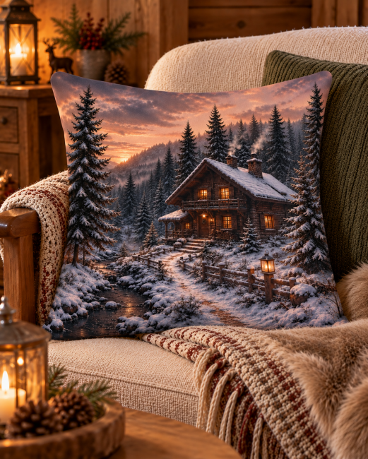 Housse de coussin Chalet enneigé en velours 45x45 cm | Déco Montagne Housse de coussin Chalet enneigé en velours 45x45 cm, décoration chalet et montagne avec forêt enneigée et ciel rosé.
