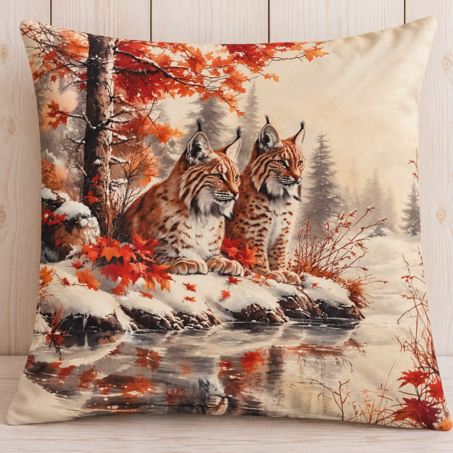 Housse de Coussin Lynx dans la Neige 45x45 cm | Déco Chalet et montagne Housse de coussin Lynx dans la Neige en velours 45x45 cm, deux lynx dans un paysage hivernal aux tons crème et cuivrés, fond blanc façon lambris.