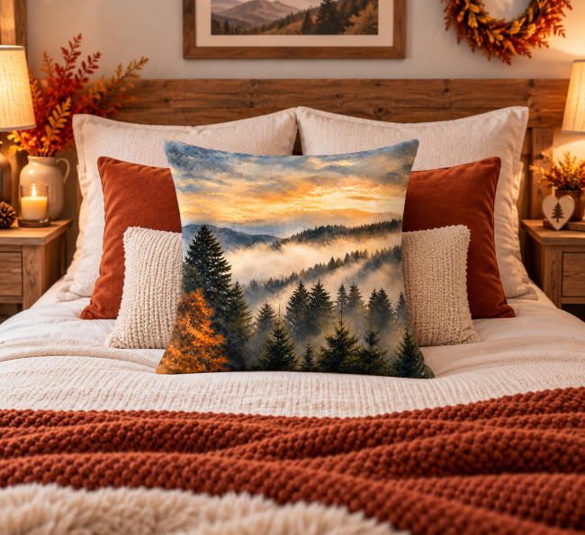 Housse de coussin Sapins montagne en velours 45x45 cm | Déco chalet Vosges Housse de coussin Sapins dans la montagne en velours dans une décoration chambre cocooning