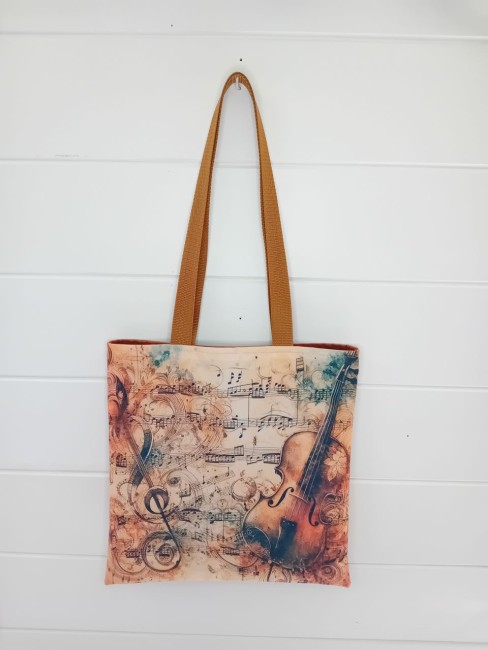 Tote bag Musique et violon avec partitions, notes de musique, clé de sol et violon, modèle unique, dans les Vosges