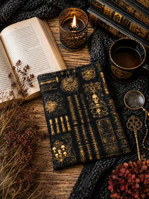 Pochette à livres Bibliothèque des Ombres – Univers Gothique | Les Cabas en folie Pochette à livres Bibliothèque des Ombres présentée dans une ambiance sombre et élégante autour de la lecture – Les Cabas en folie