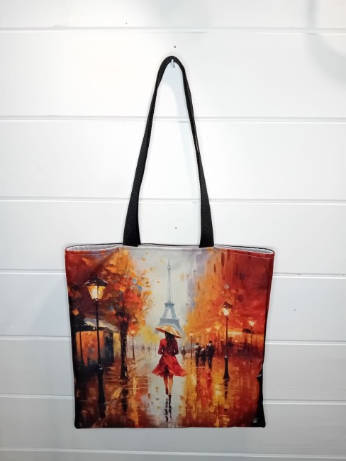 Tote bag Escapade Parisienne avec Tour Eiffel et scène parisienne automnale – Les Cabas en folie