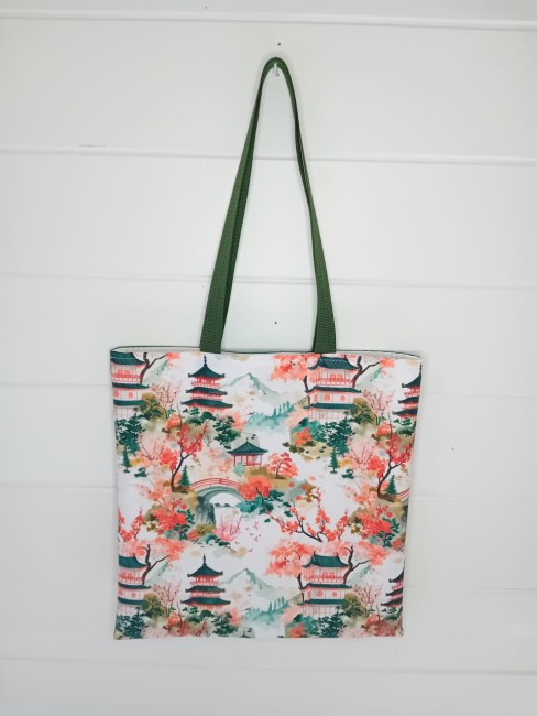 Tote bag Pagodes et fleurs de cerisier avec anses noires – Les Cabas en folie