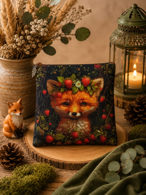 Trousse multi-usage, motif renard « Petit rusé » – Confectionnée dans les Vosges | Les Cabas en folie Trousse multi-usage motif renard « Petit rusé », entouré de fraises et de feuillages dans un décor naturel