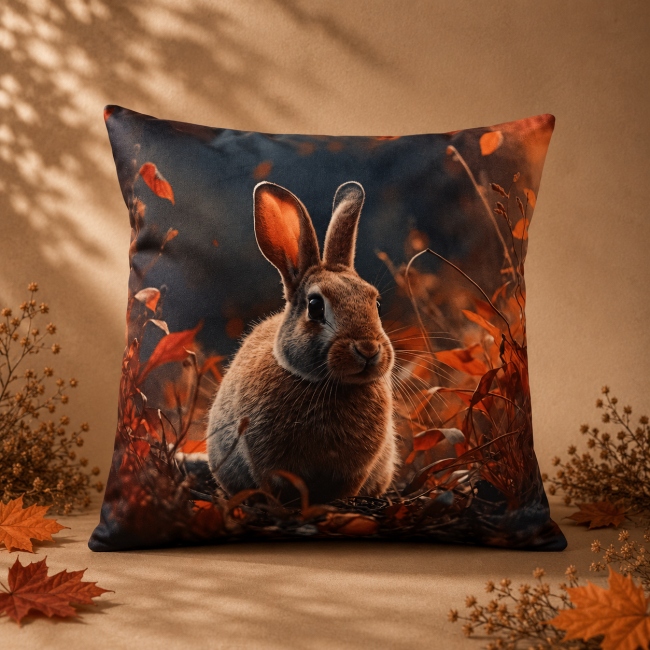 Housse de coussin Lapin en forêt automnale en velours imprimé 45 × 45 cm