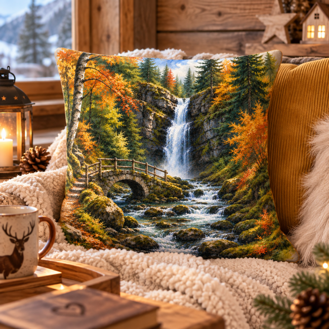 Housse de coussin velours Cascade sapins 45x45 cm | Déco chalet Vosges Housse de coussin velours imprimé Cascade au cœur des sapins dans une décoration chalet cocooning