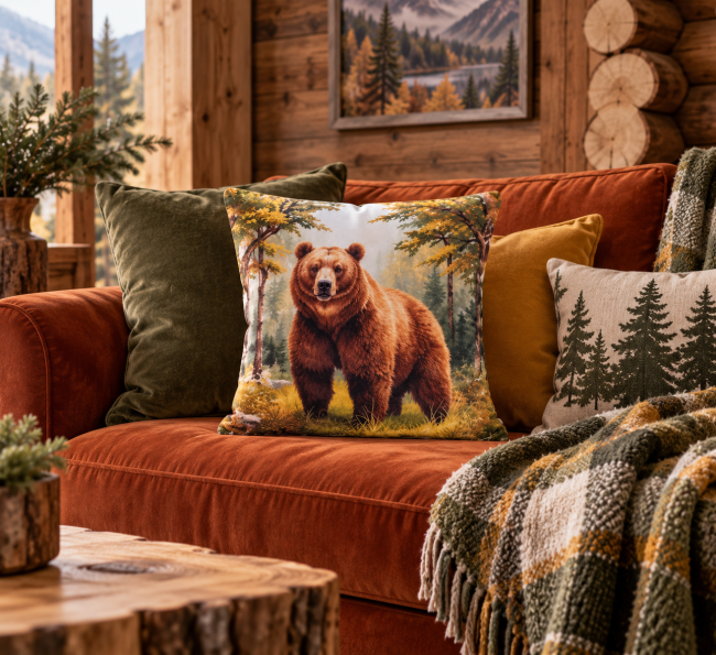 Housse de coussin Ours aquarelle en velours 45x45 cm, mise en scène sur un canapé dans une décoration chalet rustique et chaleureuse