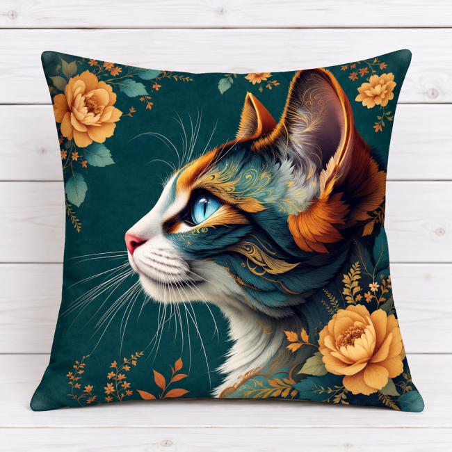 Housse de coussin chat en velours 45x45 cm | Animaux Housse de coussin chat et fleurs en velours imprimé 45x45 cm confectionnée à Gérardmer