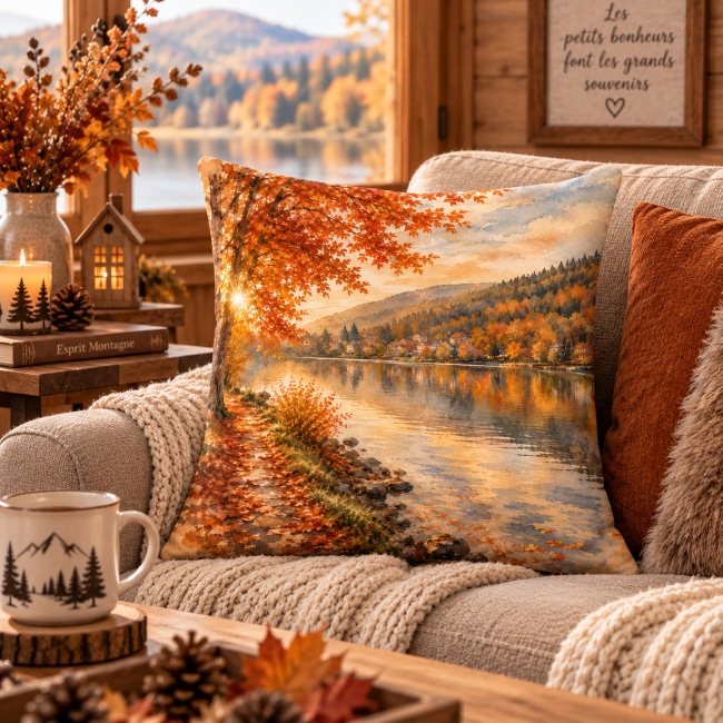 Housse de coussin velours imprimé Lac vosgien en automne dans une décoration chalet cocooning
