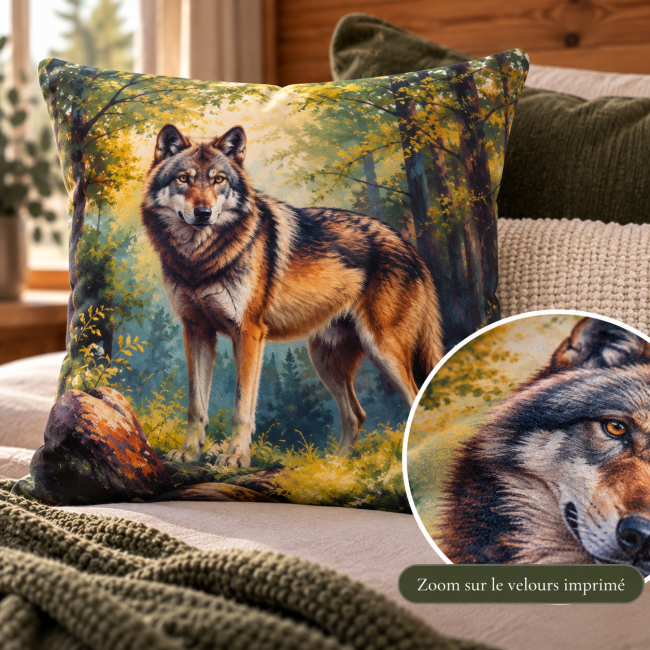 343f9da1-7a8d-4401-9d6c-94ab1356cabb Zoom sur le velours imprimé de la housse de coussin Loup 45x45 cm
