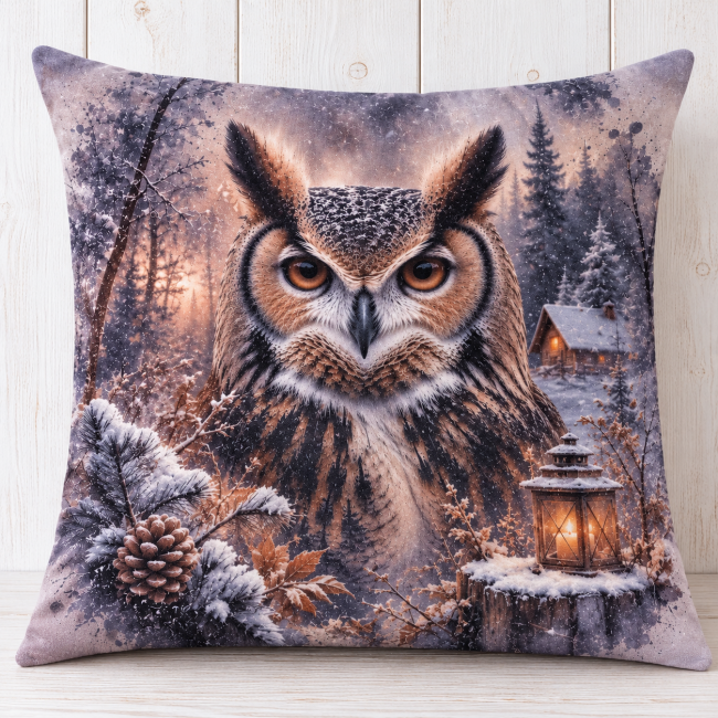 Housse de coussin Hibou des neiges en velours imprimé 45x45cm / Déco Montagne Housse de coussin Hibou des neiges en velours imprimé 45x45cm, Hibou aux yeux ambrés dans un décor enneigé