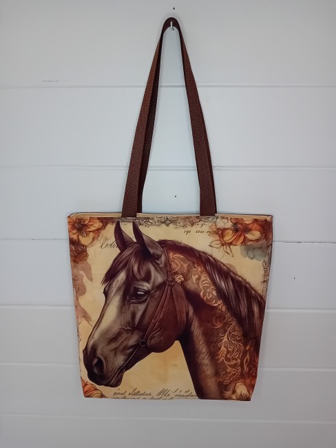 Sac cabas Élégance Équestre avec cheval aux tons bruns et sépia, confection artisanale dans les Vosges